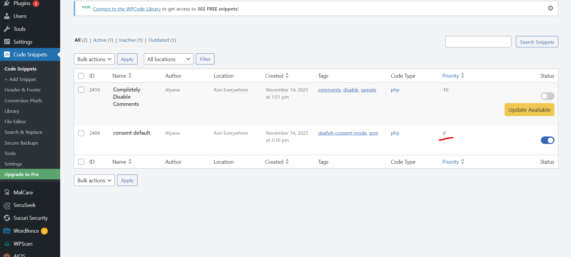 After saving, confirm the snippet appears in the WPCode list with [Code Type:bold] set to PHP, [Priority:bold] set to 0, and the status toggle enabled.