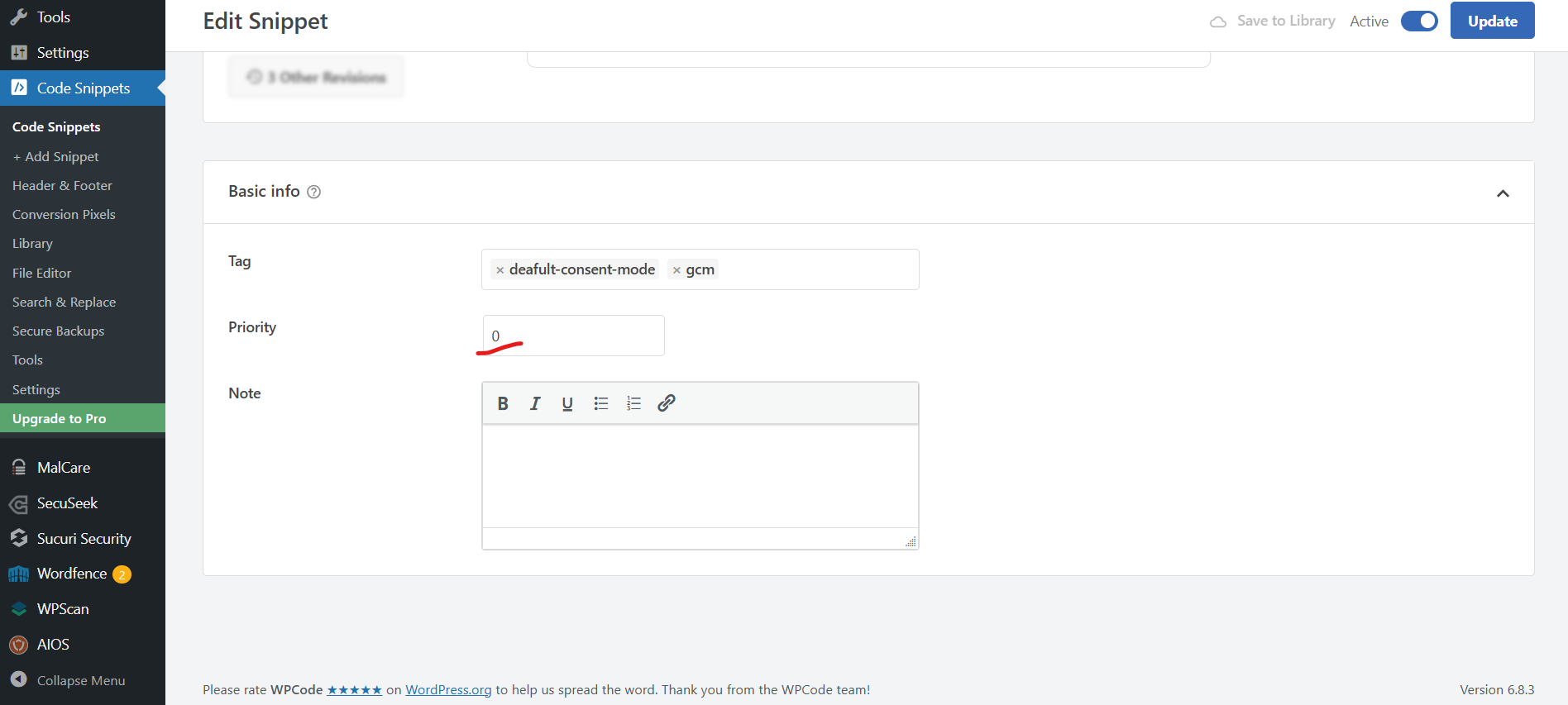 In the snippet settings, set the [Priority:bold] value to [0:bold] so the default consent command runs as early as possible in the page head.