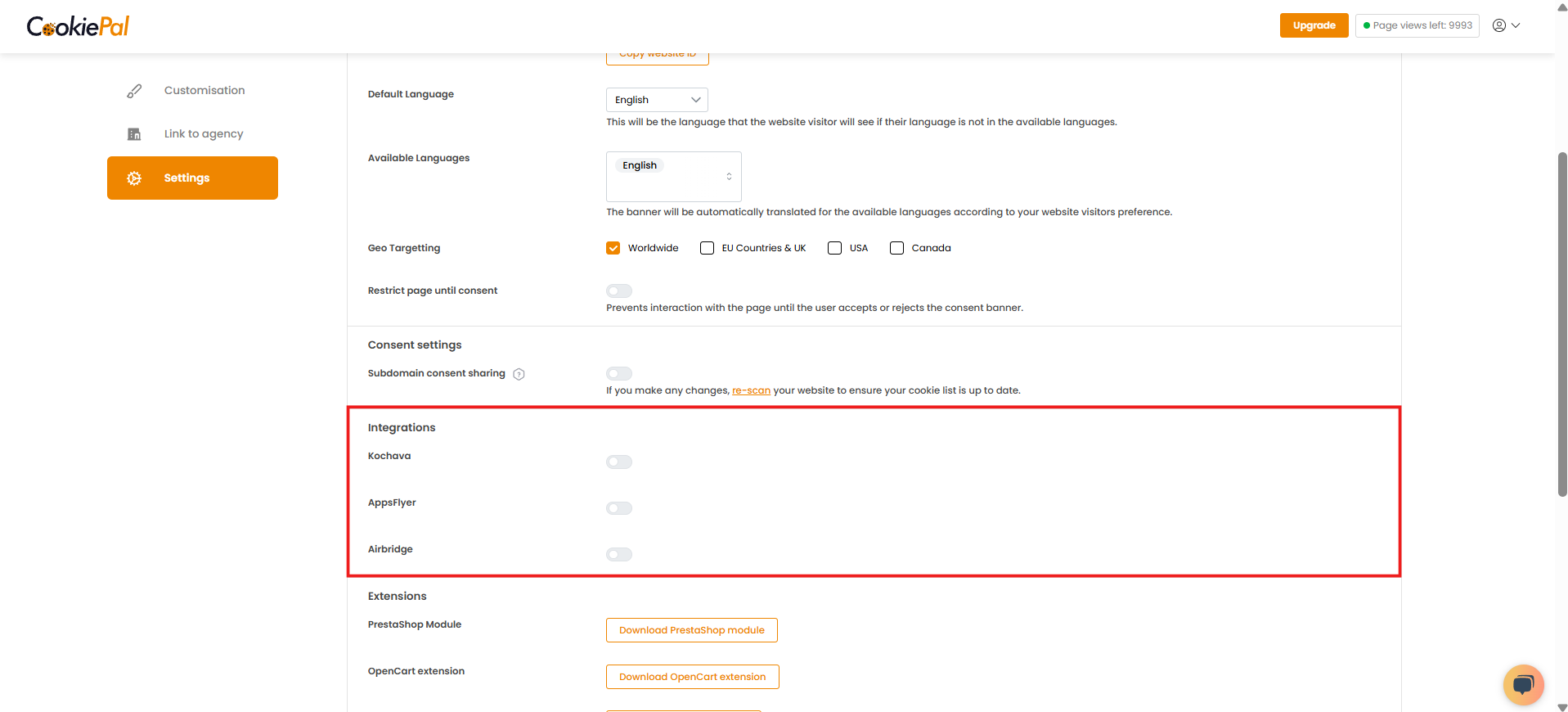 
          1. Visit the [CookiePal dashboard:https://app.cookiepal.io].
          [:br][:br]
          2. Navigate to [Settings:bold] via the left-hand menu.
          [:br][:br]
          3. Scroll to the [Integrations:bold] section.
          [:br][:br]
          4. Click on [Airbridge:bold] to activate the integration.
        