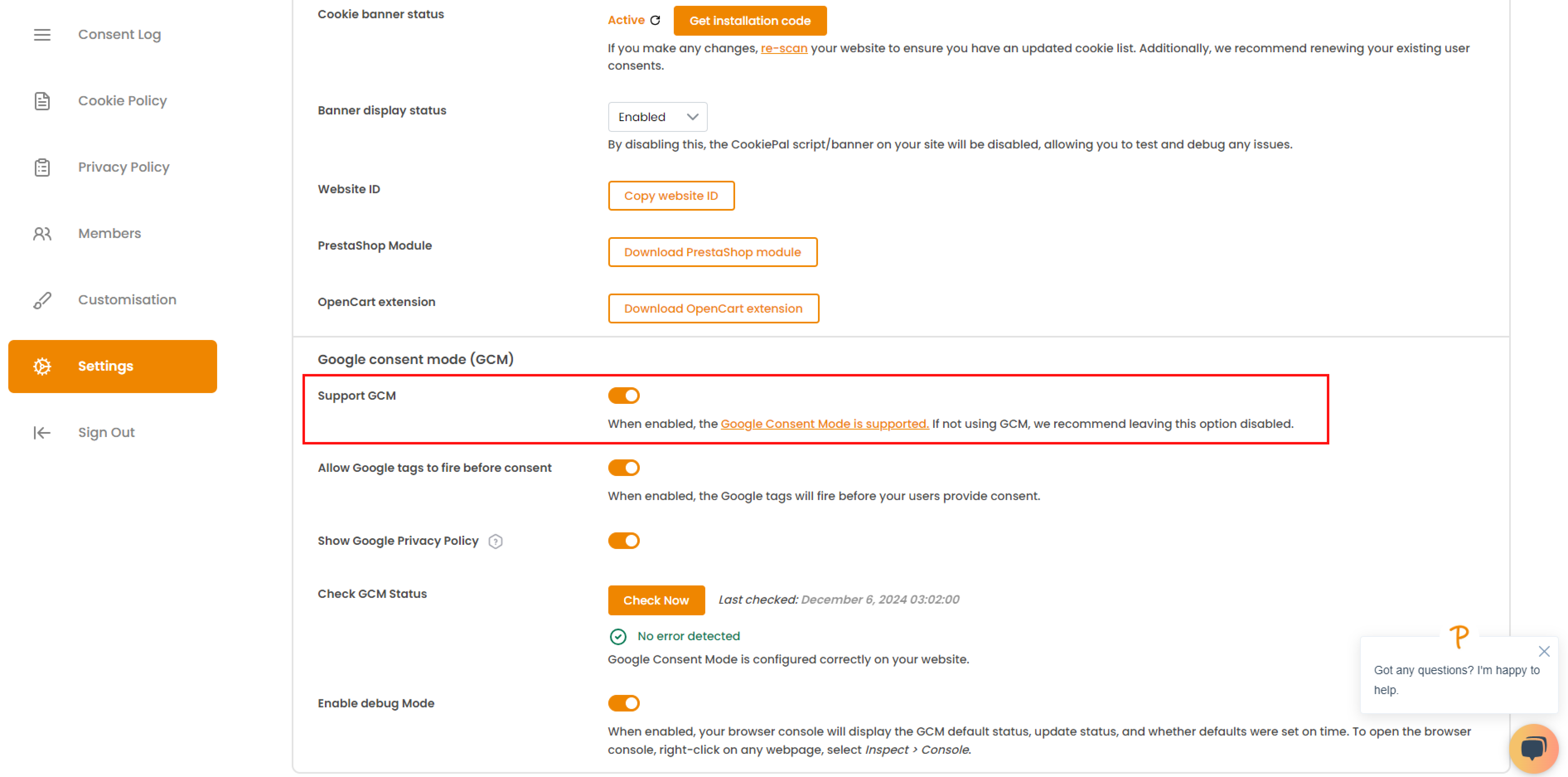 1. Make sure you have enabled Support GCM from the [CookiePal Settings.:1. Make sure you have enabled Support GCM from the CookiePal Settings.]