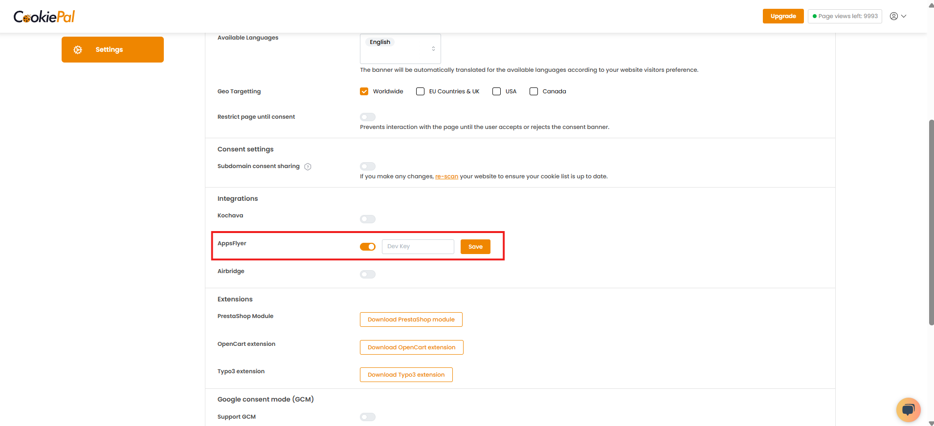 
          1. Enter your [Dev Key:bold in the provided field.
          [:br][:br]
          2. To find your Developer Key, refer to the official AppsFlyer documentation:
          [Finding Your Dev Key:https://support.appsflyer.com/hc/en-us/articles/207032066-Basic-SDK-integration-guide]
        