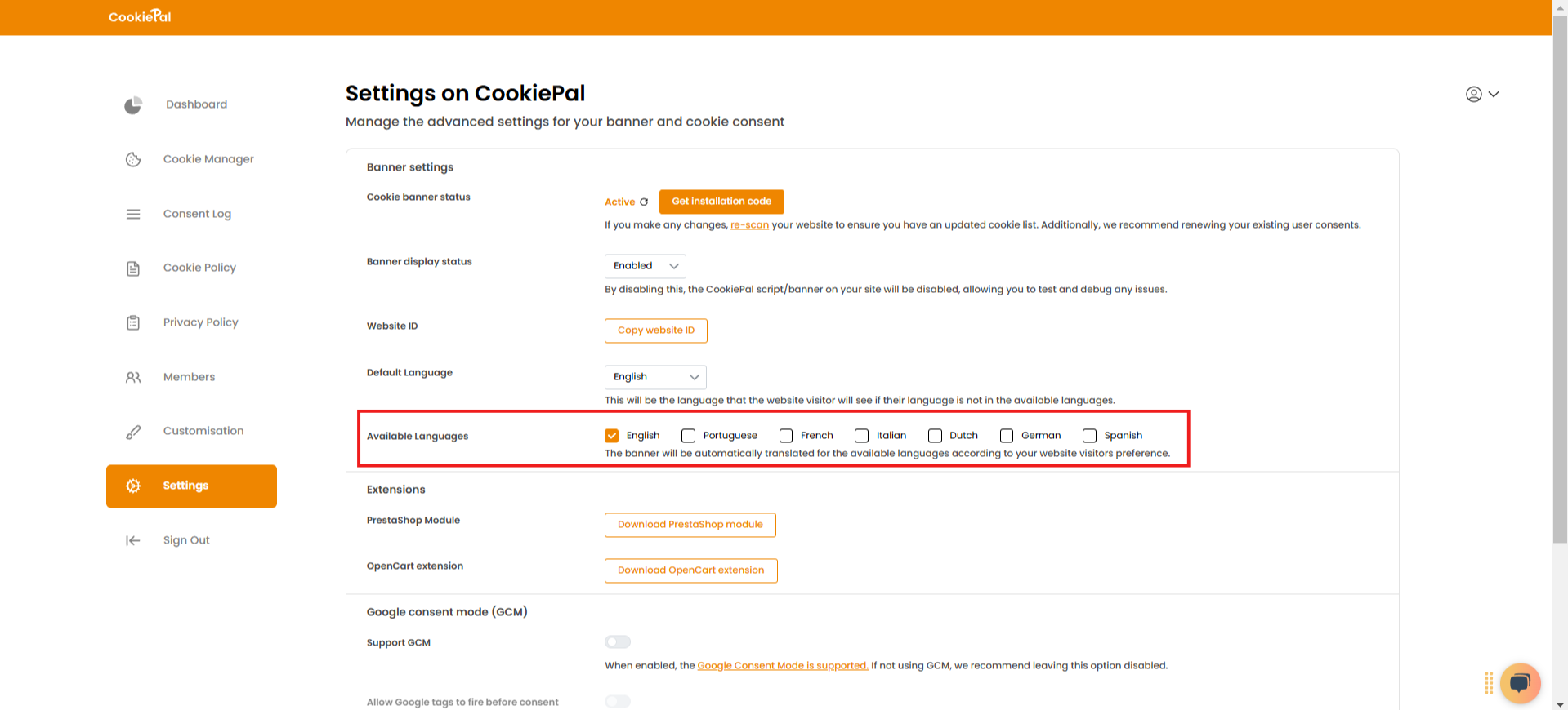 
        1. Access the Settings page by clicking the "Settings" option in the sidebar menu.[:br]
        2. Within the Banner Settings section, you will find a setting labelled "Available Languages". Here, you will see a list of checkboxes, each representing a language.[:br]
        3. Tick the checkboxes for the languages you want your banner to support. Once selected, these languages will be available for your visitors and for customisation as well.
        