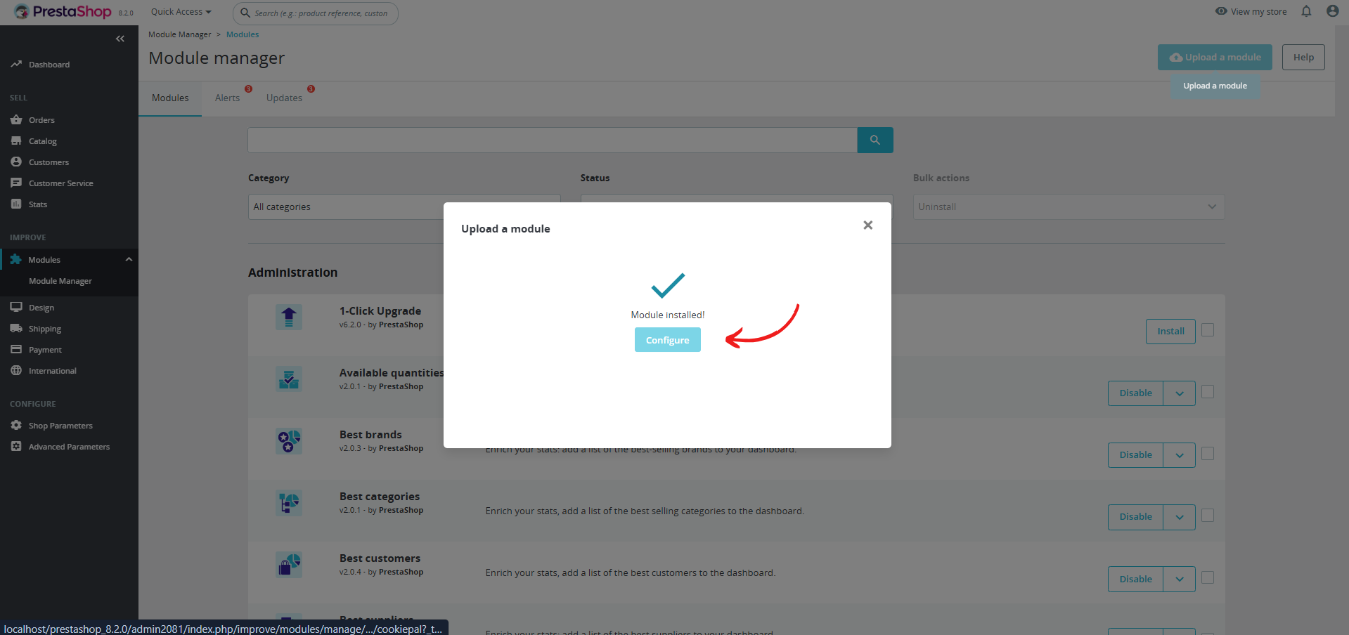 Configure Module: Click "Configure" to open the CookiePal module settings.