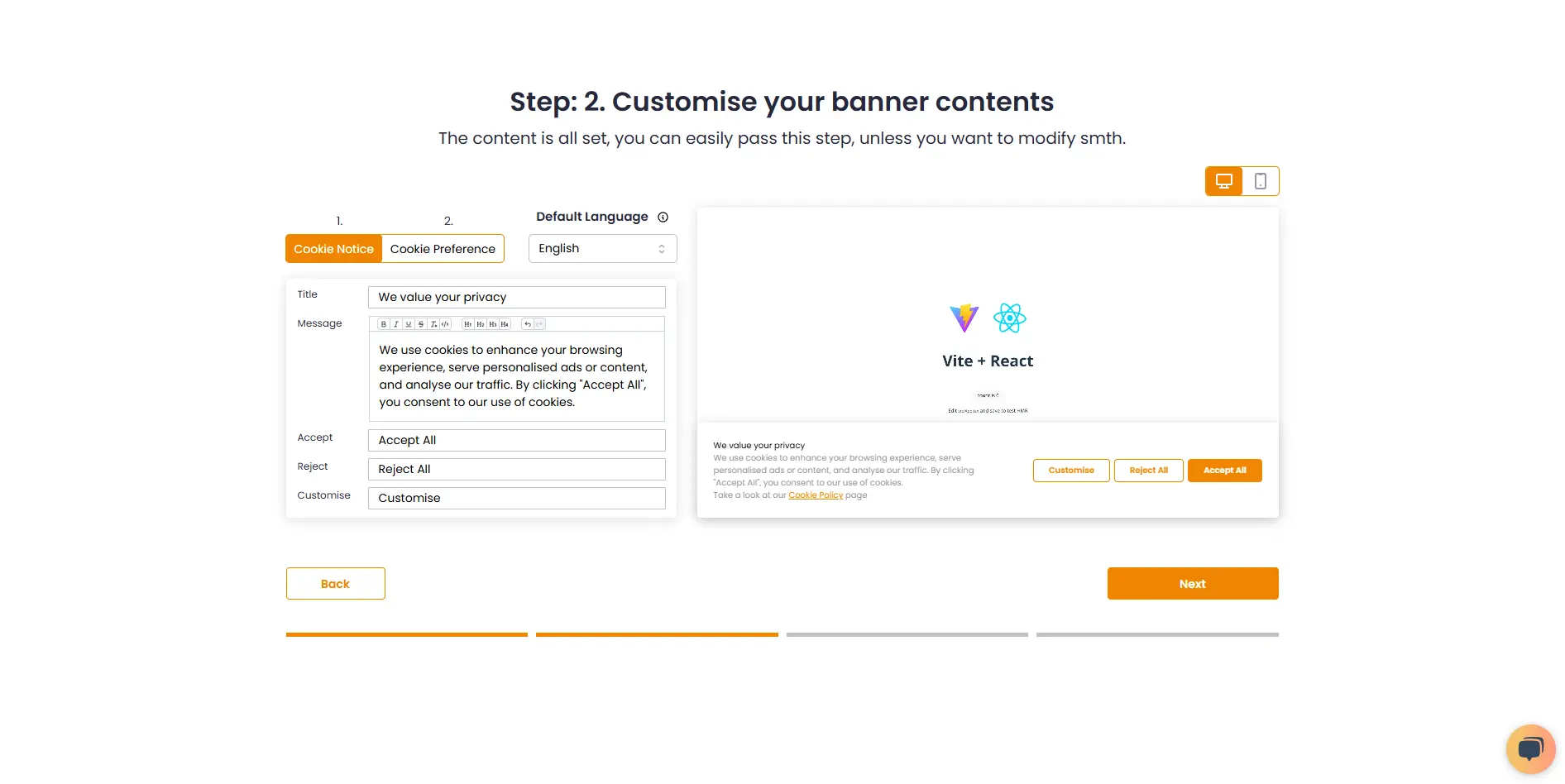 • [Advanced Setup:bold]: Customise every detail of your banner. In addition to position and colors, you can edit the content and default language, and adjust the logo's colors and position.