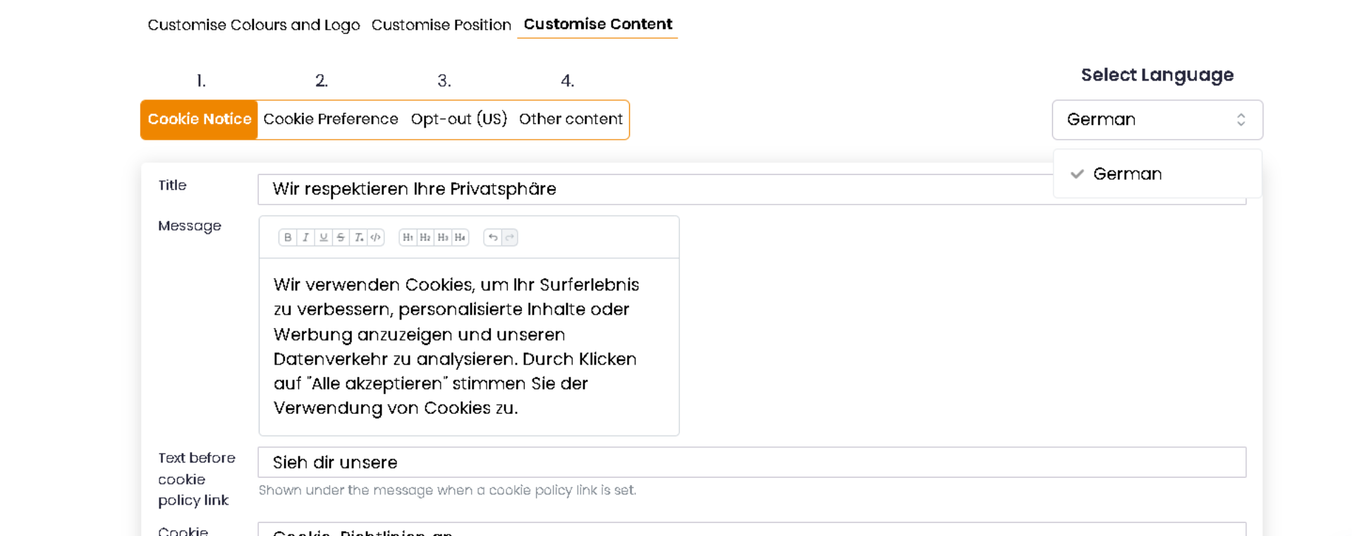 1. Abre la página "Personalización" desde el menú lateral y ve a la pestaña "Personalizar contenido".[:br]2. Usa el desplegable "Seleccionar idioma" para elegir el idioma que quieres editar. Muestra tus idiomas disponibles.[:br]3. Edita los textos de las pestañas "Aviso de cookies", "Preferencias de cookies", "Exclusión (EE. UU.)" y "Otro contenido" y guarda. Cada idioma conserva sus propios textos, incluidos el aviso de exclusión, el enlace "No vender" y el diálogo de exclusión que ven los visitantes de EE. UU. La pestaña "Exclusión (EE. UU.)" solo aparece cuando tu banner atiende a visitantes de EE. UU., y "Otro contenido" solo cuando el bloqueo de iframes está activado.