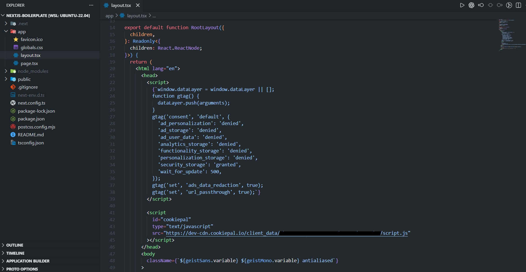 Keep the script content as a [string:bold] inside the [<script>:bold] element. Do not paste the object directly as JSX, or Next.js will try to interpret it instead of rendering it as inline script content.