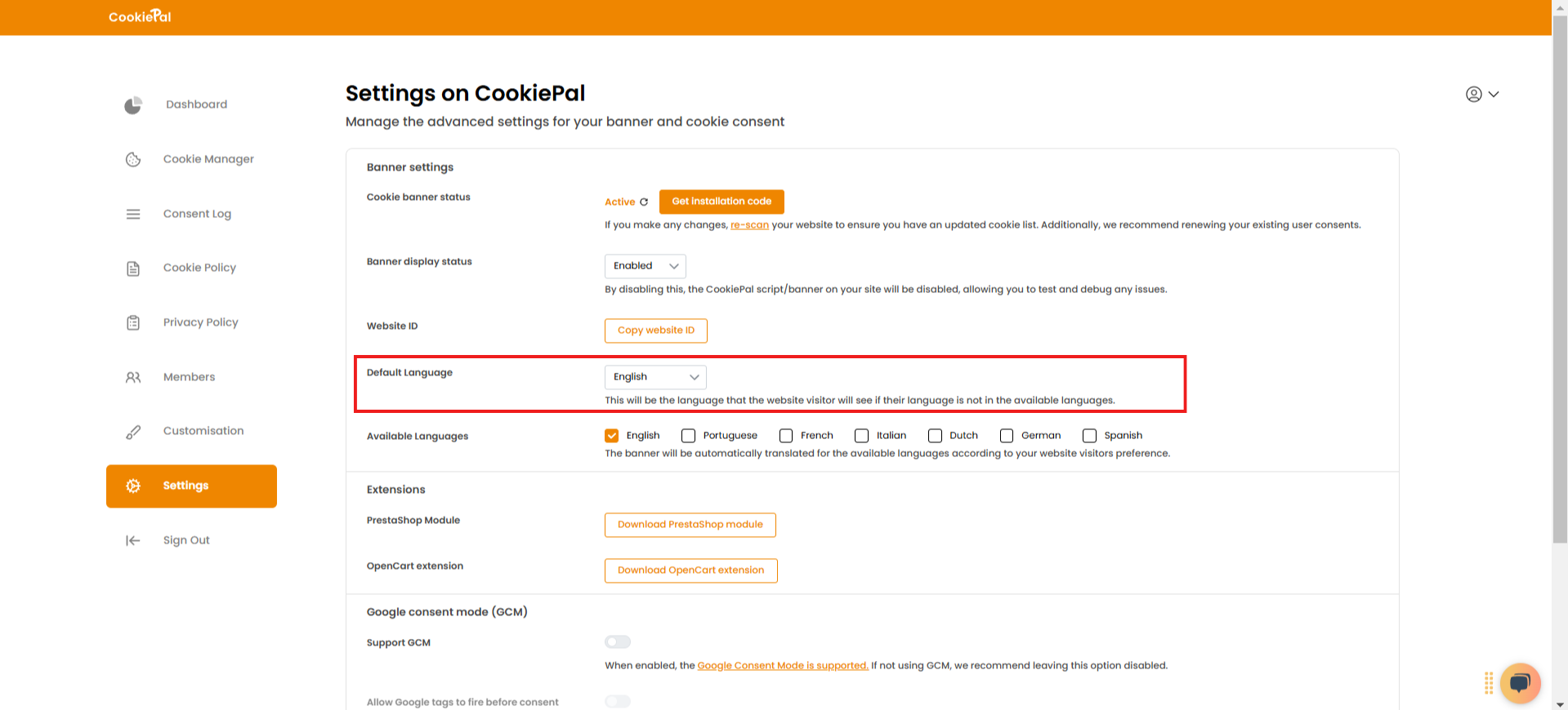 
        1. In the Settings page, you will find an option for the Default Language. Clicking this will open a dropdown menu displaying all available languages.[:br]
        2. Choose the language you wish to set as the default. If the selected default language is not already in your "Available Languages", it will automatically be added to the list.
        