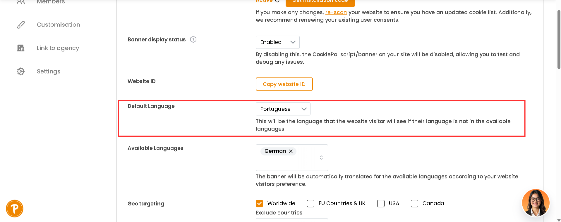 1. En la pestaña "Banner" de la página Ajustes, abre el desplegable "Idioma predeterminado".[:br]2. Elige el idioma que deben ver los visitantes cuando el idioma de su navegador no está entre tus idiomas disponibles. Si todavía no está en "Idiomas disponibles", se añade automáticamente.