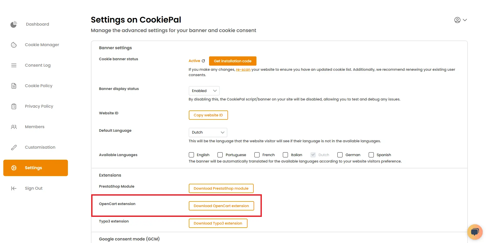 9. Download the OpenCart CookiePal extension from the CookiePal settings page or from this [download link:https://cookiepal-assets.s3.us-east-1.amazonaws.com/cookiepal.ocmod.zip]