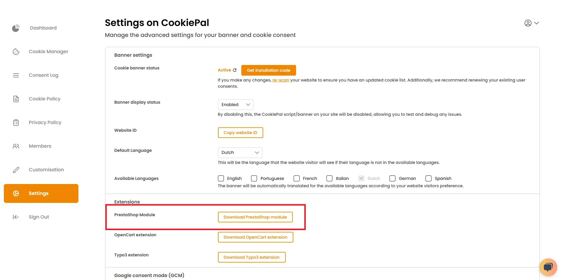 In your CookiePal settings, download the PrestaShop module directly or use the [Download PrestaShop Module link:https://cookiepal-assets.s3.us-east-1.amazonaws.com/cookiepal.zip] to begin.