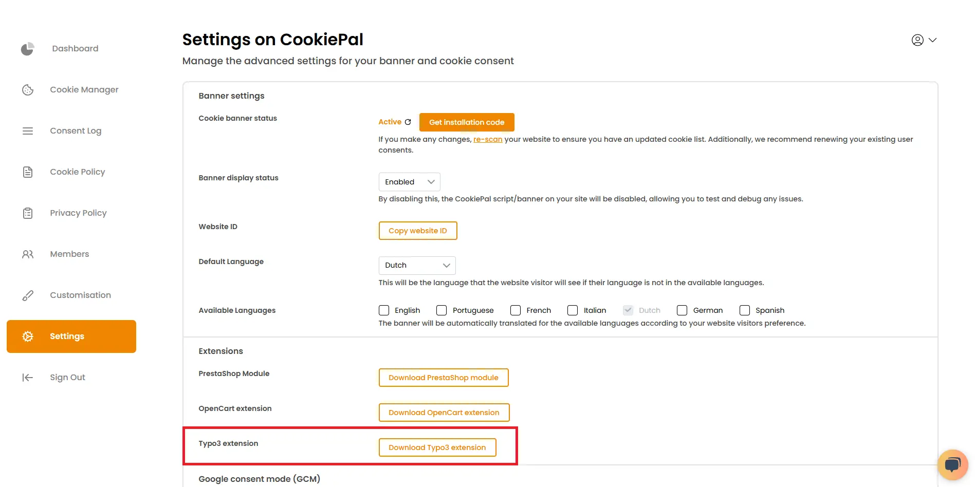 9. Download the TYPO3 CookiePal extension from settings or directly with this [TYPO3 download link:https://cookiepal-assets.s3.us-east-1.amazonaws.com/cookiepal_integration_v4.zip:#EF8600:bold]