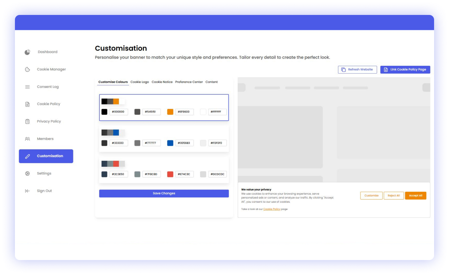 Fully customisable cookie banner