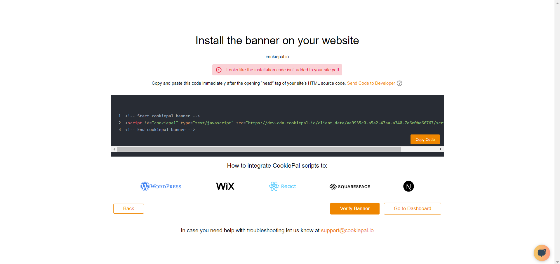 Generate Code: In your CookiePal dashboard, click on the HTML file icon to get the installation code. Refer to the gif below for detailed instructions on how to do this.