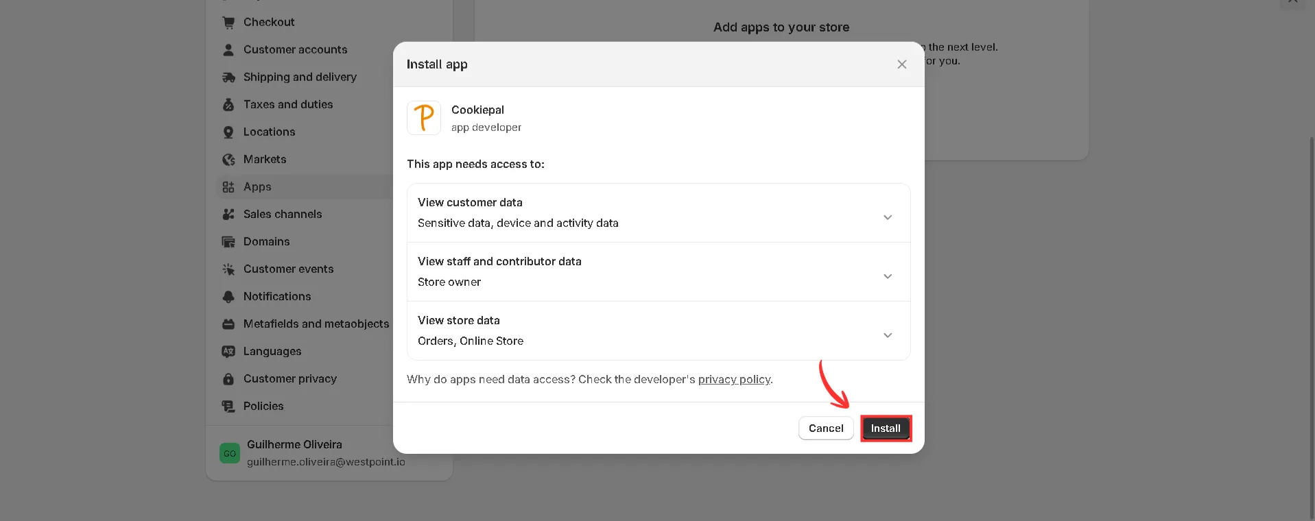 5. Clique no botão Instalar aplicativo na página oauth.