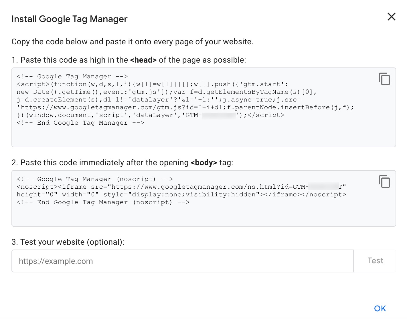 Upon container creation, a modal containing two code snippets to install on your website will appear.