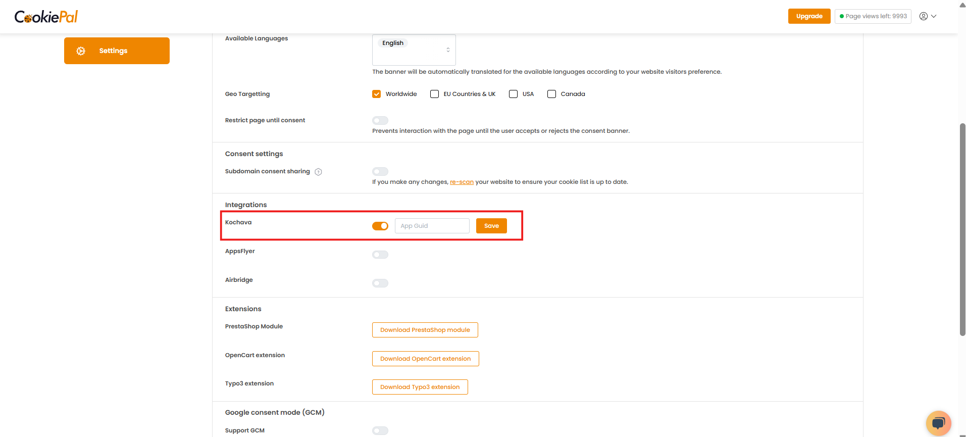 
          1. Enter your [App GUID:bold] in the field provided.
          [:br][:br]
          2. For guidance on how to obtain your App GUID, please refer to the official Kochava documentation:
          [Locating an App GUID:https://support.kochava.com/reference-information/locating-an-app-guid/]
        
