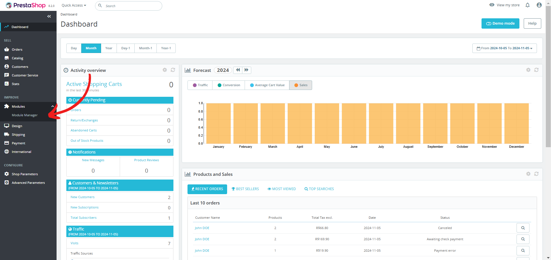 Navigate to Settings: In your PrestaShop dashboard, click on "Module Manager".