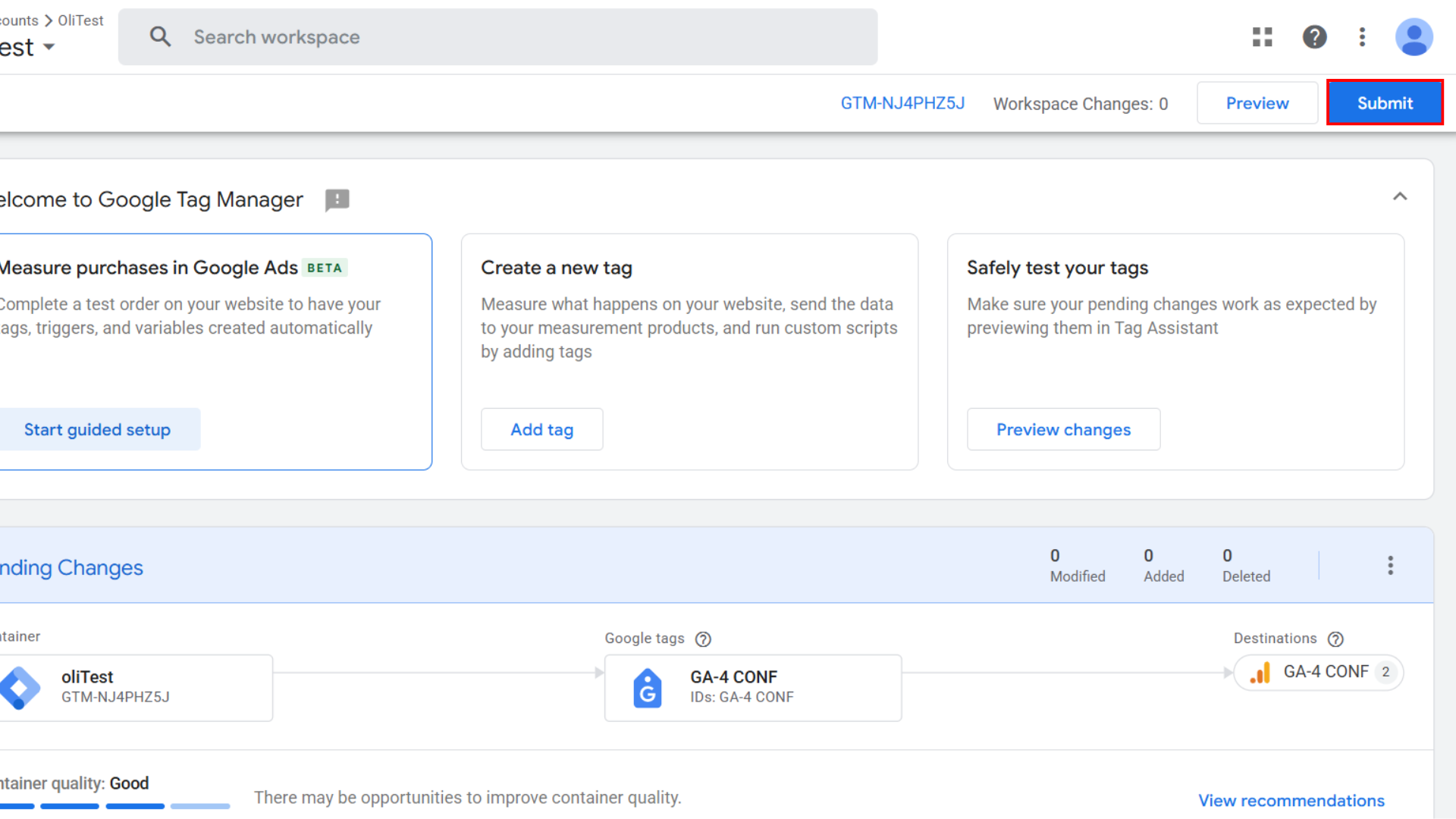 2. Abre tu contenedor de Google Tag Manager en modo [Vista previa:bold] para iniciar una sesión de Tag Assistant.