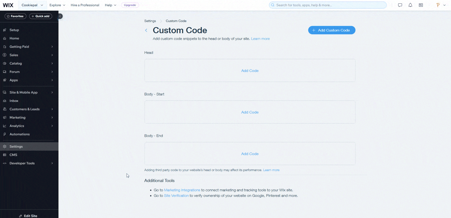 Paste Script: In the modal, paste the CookiePal script code into the "Head" section.