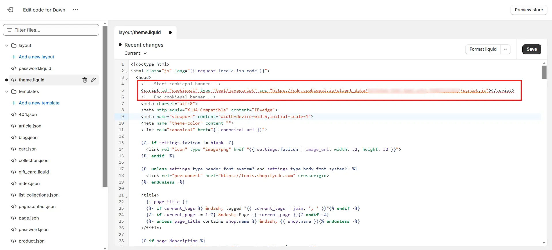 7. Paste the copied code inside the head tag immediately after opening of <head> tag.