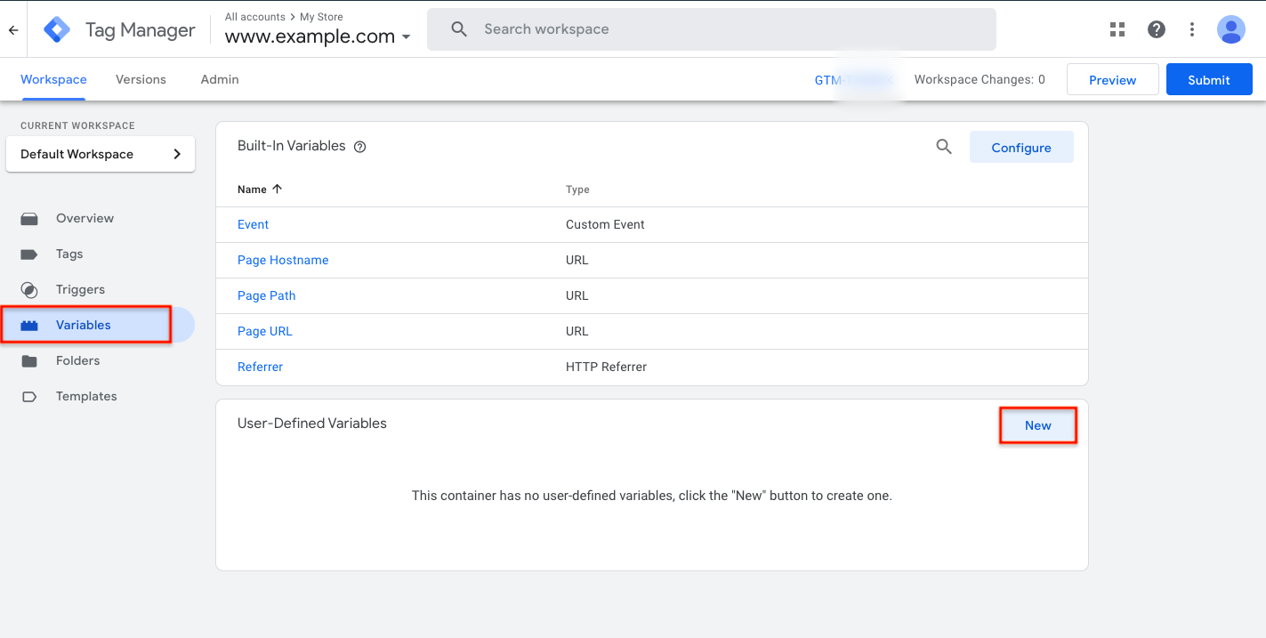 2. From the left panel, select Variables > In the User-Defined Variables section, click New.