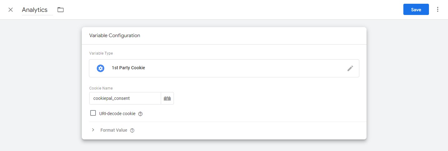 5. Name the variable (here, we’ve named it ‘Analytics’) and click Save to save the variable.