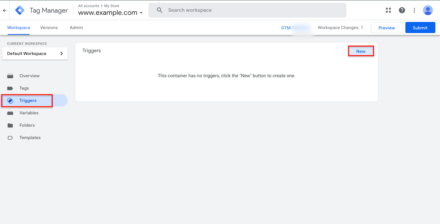 1. From the left panel of your GTM account, select Triggers > In the Triggers section, click New.