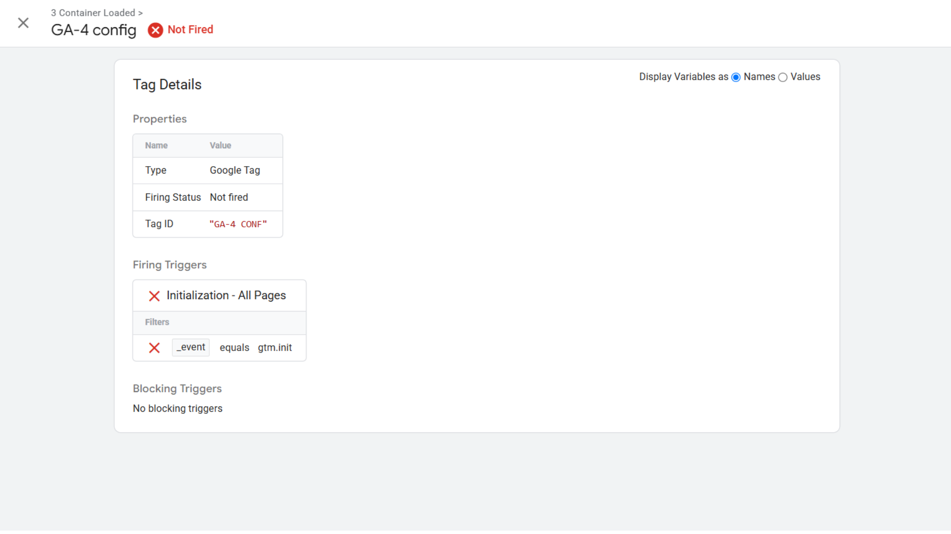 5. Si la etiqueta aparece en [Etiquetas no activadas:bold] y muestra un tipo de consentimiento adicional obligatorio como `analytics_storage` o `ad_storage`, esta guía aplica.