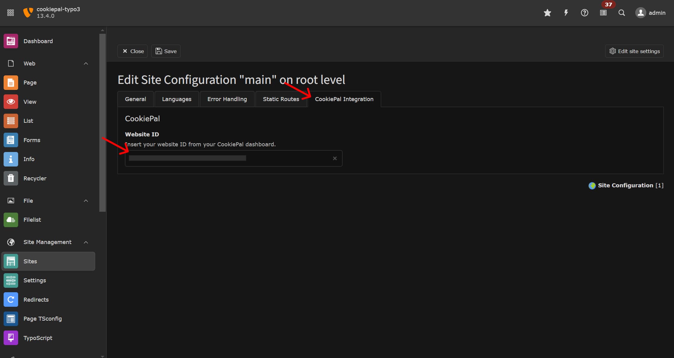 10. Go to the 'CookiePal Integration' tab and paste the website ID you previously copied from the CookiePal dashboard